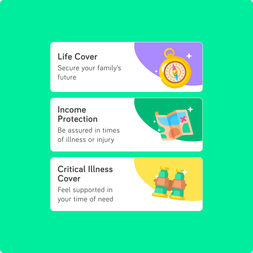 An image of YuLife product tiles for three insurance products: Life Cover, Income Protection and Critical Illness Cover.