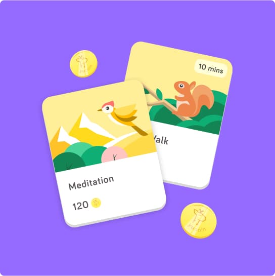 A meditation and brisk-walk quest tile on a purple background with two floating YuCoins.