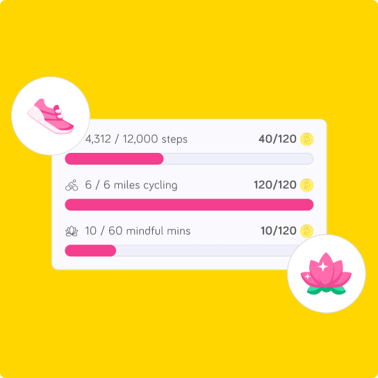 Image from the YuLife app showing the daily core wellbeing activities that earn employees yucoin for steps, miles cycled or mindful minutes.