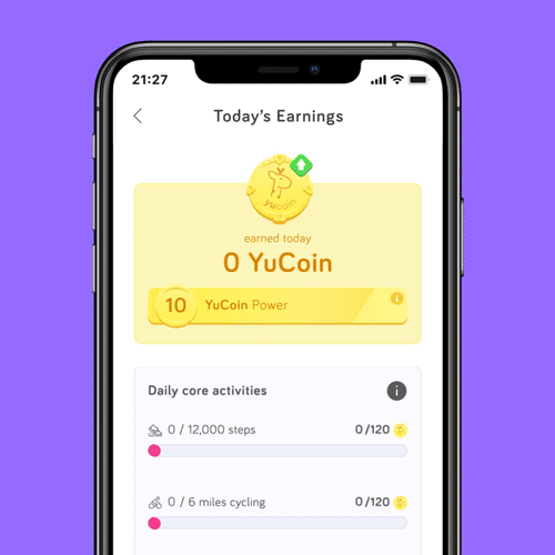YuLife app on today’s earnings page showing YuCoin earned for daily wellness activities
