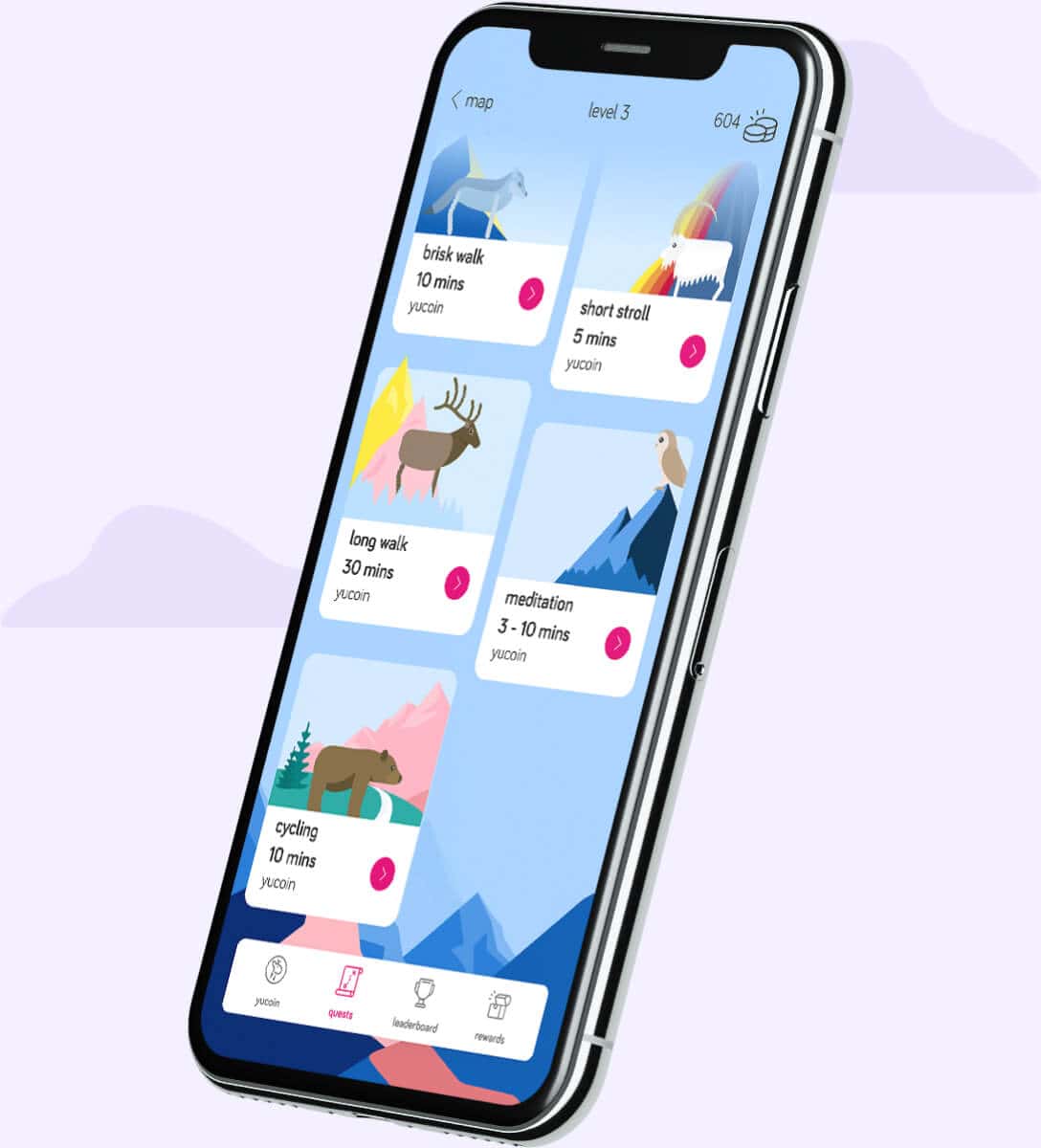 YuLife app on the quest screen showing different challenges like walks, meditation, and cycling