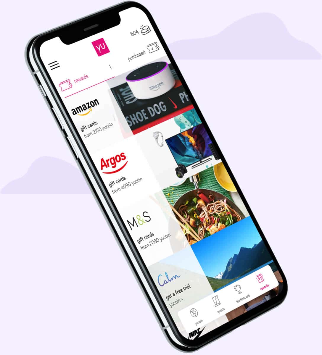 YuLife app showing available rewards from partners such as Amazon, Argos, Marks & Spencers, and Calm