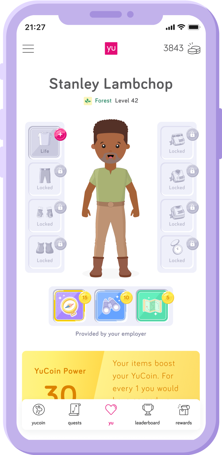 The YuScreen, featuring a person’s Yumoji inside the YuLife app