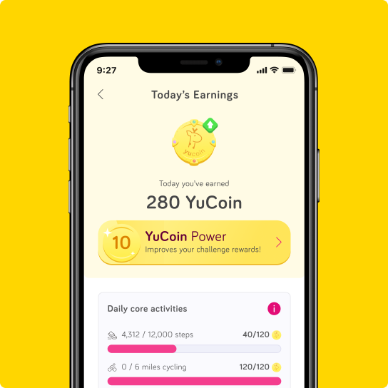 The YuLife app showing the “Today’s Earnings” page followed by the users YuCoin count that’s sitting at “280 YuCoin”, and their daily core wellbeing activities that earned them redeemable for rewards like steps and miles cycled.