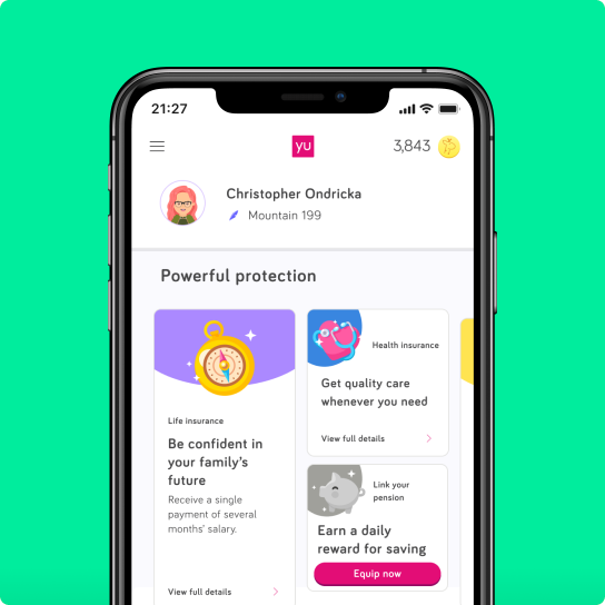 An animated illustration of the kind of avatar available to users of the YuLife app. The male avatar, with khaki trousers and a beige t-shirt stands next to three bars, showing the YuCoin power for insurance and protection packages available.