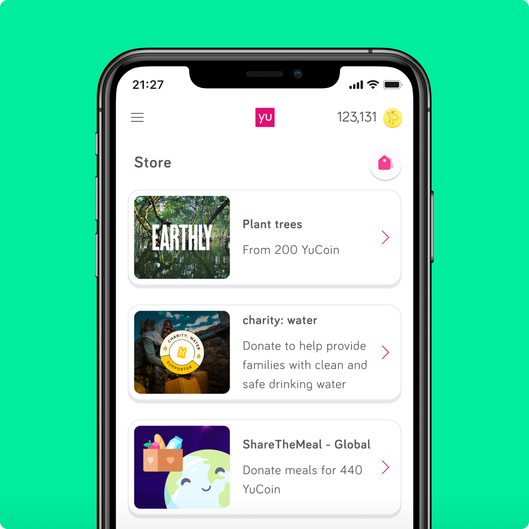 The YuLife employee benefit app on a phone screen, on a green background, displaying  community initiatives that employees can invest their YuCoin in: The Big Ocean Cleanup and Earthly options are visible